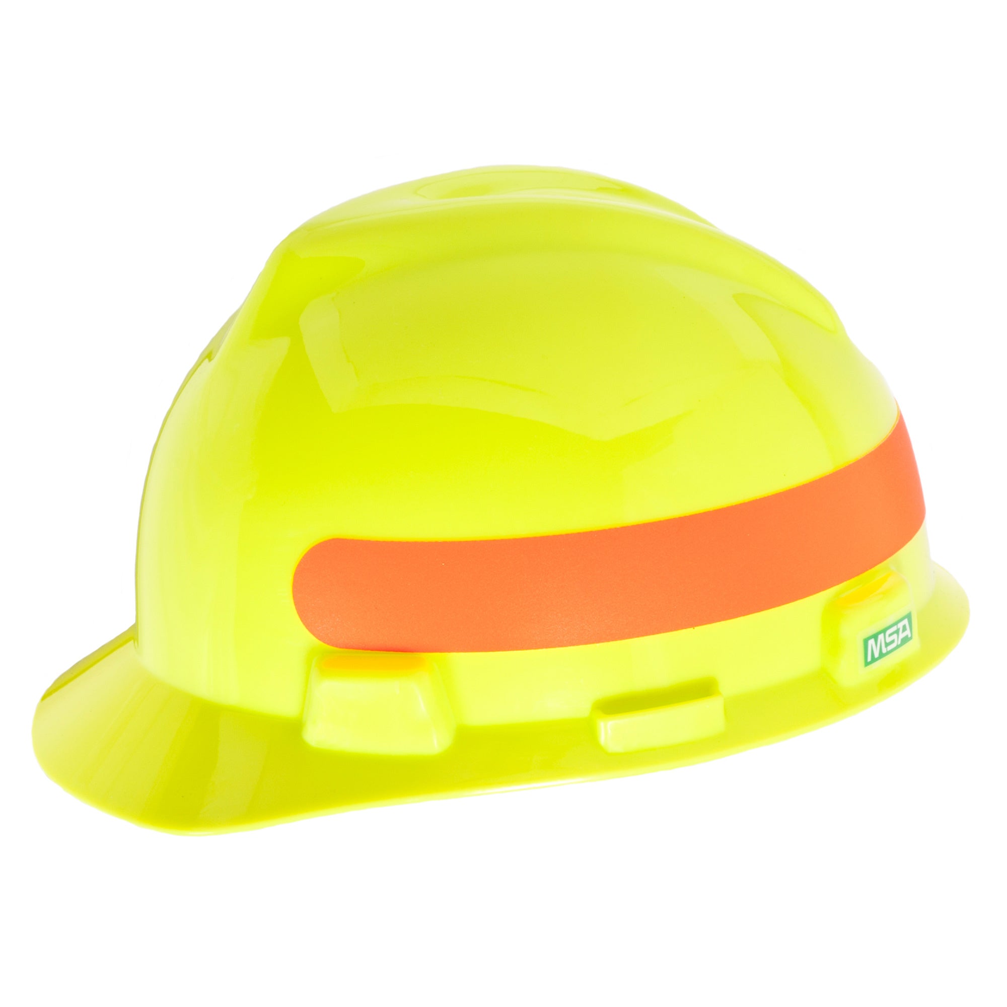 MSA Standard V-Gard Cap Style Hard Hats in Hi Viz Yellow-Green with Red/Orange Stripe