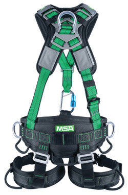 MSA Gravity® Suspension Harness, Aluminum Back, Front, Ventral & HIP D-rings, Lumbar, Shoulder & Leg Padding, Green