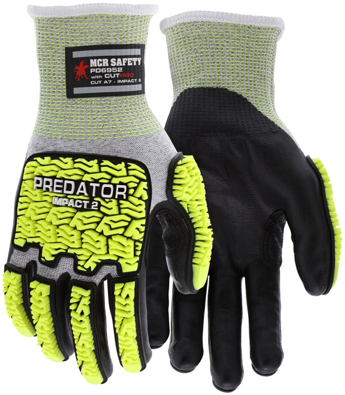 MCR Predator® Mechanics Work Gloves - Hi-Visibility Impact Resistant Work Gloves - Cut Resistant HyperMax® HPPE Shell - Tire Tread TPR on Back, Fingers, and Thumb - Box of 12
