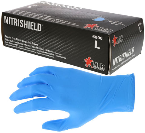 MCR 6 mil Nitrile Gloves - Powder Free - Disposable Nitrile Industrial Food Service Grade - Smooth Palm with Textured Fingers - 9.5 Inches - Box of 100