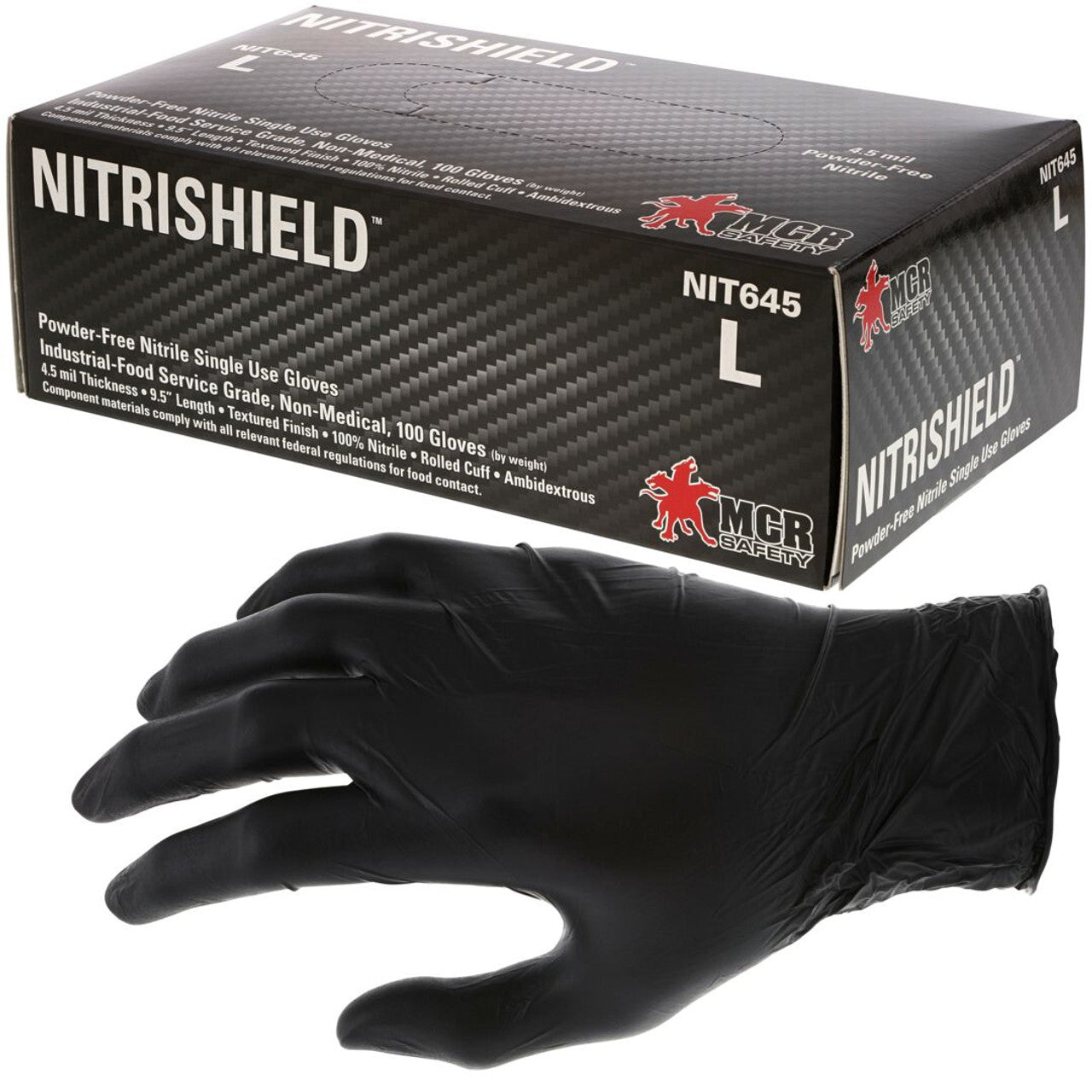 MCR NitriShield™ Gloves - 4.5 mil Powder Free Disposable Nitrile - Industrial Food Service Grade - Textured Finish - 9.5 Inches Long - Black Color - Box of 100