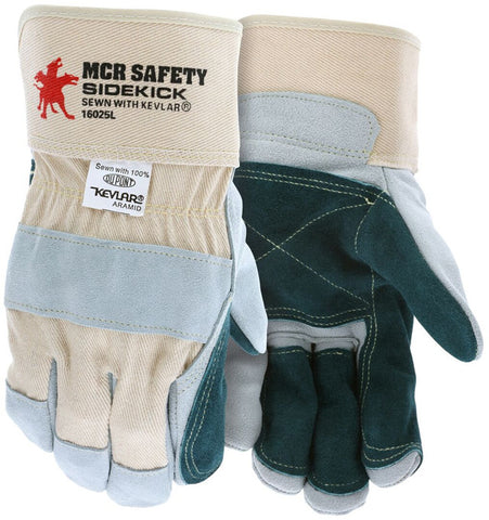 MCR Sidekick® Series Leather Palm Work Gloves - Premium A Split Side Leather - Double Leather Palm and Fingers - 2.5-Inch Rubberized Safety Cuff - Sewn with DuPont™ Kevlar® - Large - Box of 12 - Part# 16025L