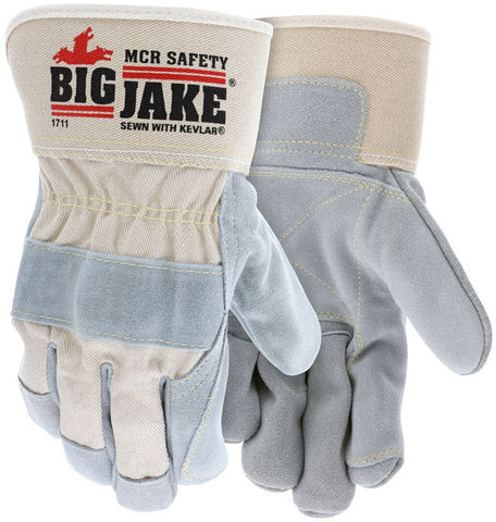 MCR Big Jake® Series - Double Leather Palm Work Gloves - Premium A+ Grade Split Side Leather - 2.75-Inch Rubberized Safety Cuff - Sewn with DuPont™ Kevlar® - X Large - Box of 12 - Part# 1711