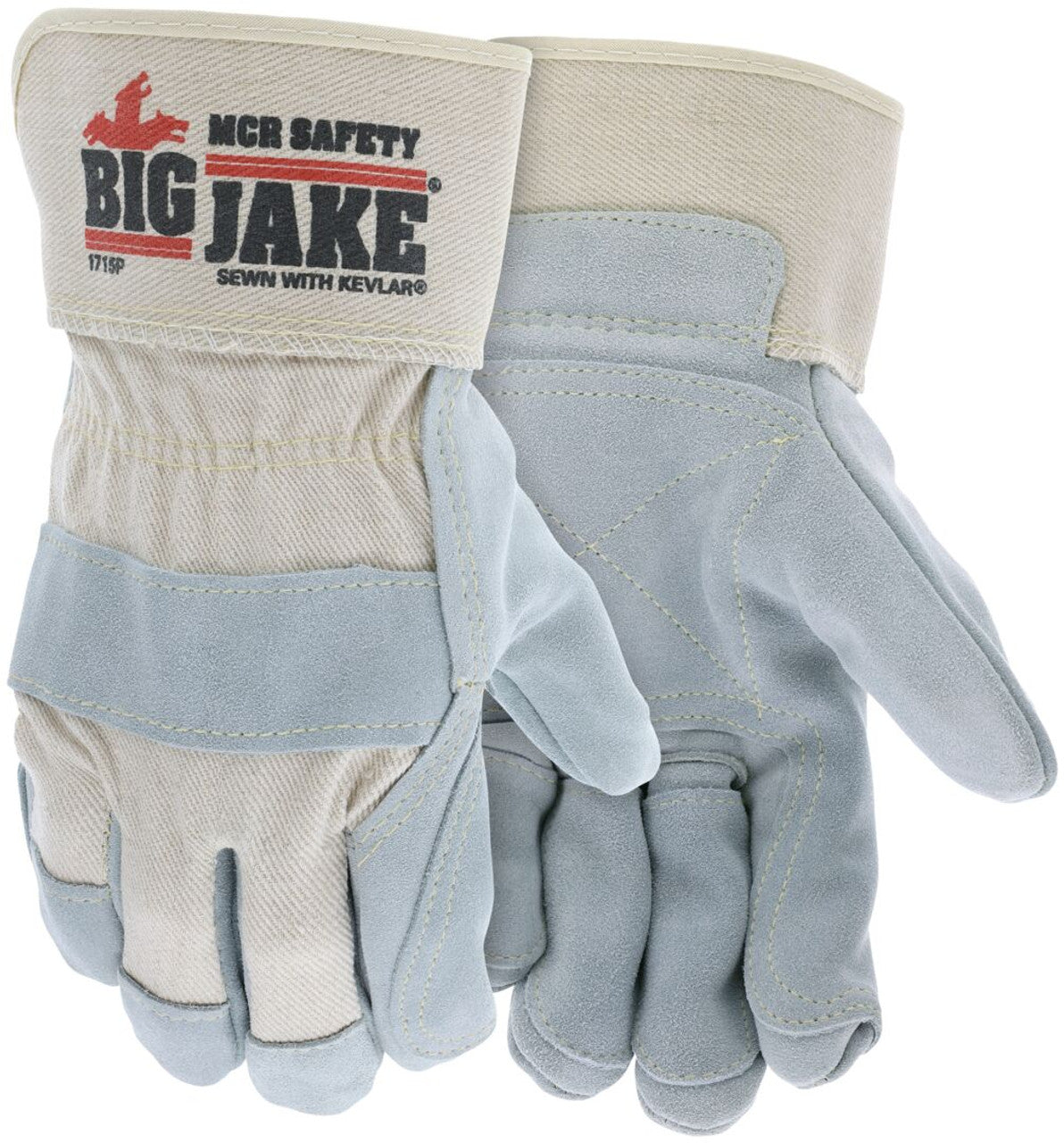 MCR Big Jake® Series Double Leather Palm and Fingers - Premium A+ Grade Split Side Leather Palm - 2.75 Inch Rubberized Safety Cuff - Large - Box of 12 - Part# 1715PL