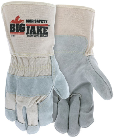 MCR Big Jake ® Series Leather Palm Work Gloves - Premium A+ Grade Split Side Leather - 4.5-Inch Extended Gauntlet Duck Cuff - Sewn with DuPont ™ Kevlar ® - Box of 12