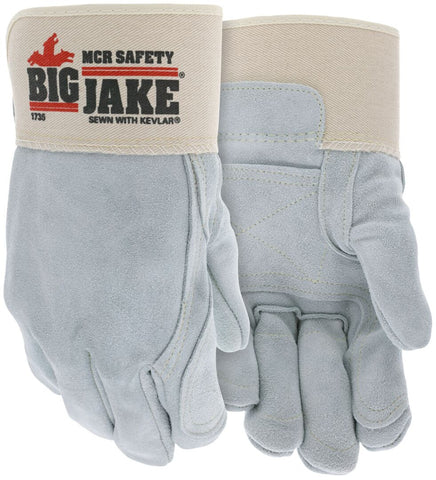 MCR Big Jake® Series Leather Palm Work Gloves - Double Leather Palm and Fingers - Full Leather Back - Premium A+ Grade Split Side Leather - 2.75 Inch Rubberized Safety Cuff - Sewn with DuPont™ Kevlar® - Box of 12