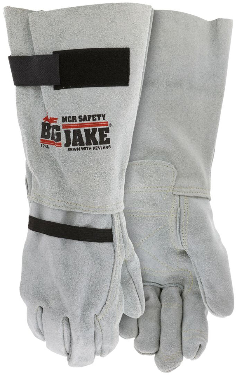 MCR Big Jake® Series - Full Leather Back Work Gloves - 8 Inch Leather Extended Gauntlet Bell Cuff - Inside Double Leather Palm - Hook and Loop Adjustability - Box of 12