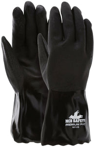 MCR Premium PVC Coated Work Gloves - Double Dipped with Sandy Black PVC - Soft Interlock Lining - 12 Inch Length - Box of 12
