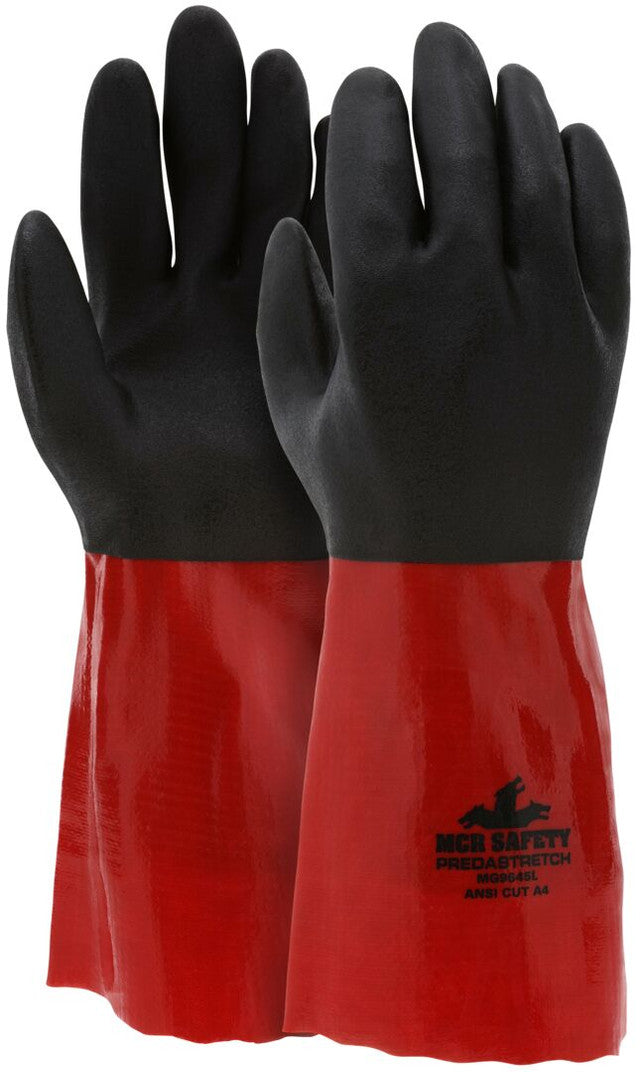 MCR PredaStretch™ Work Gloves - 15-Gauge Cut-Resistant Synthetic Shell - Full Red PVC Coating - Second Black PVC Coating - 14-Inch Gauntlet Cuff - Box of 12