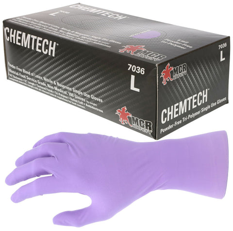 MCR 6 mil (7.4 g) ChemTech™ Powder Free Disposable Gloves - Nitrile, Neoprene and Latex - Industrial Food Service Grade - Textured Grip - 12 Inches - Lilac - Box of 100
