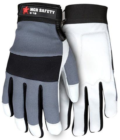 MCR Safety Mechanics Gloves - Goatskin Leather - Padded Palm - Nylon Spandex Back - Adjustable Wrist Closures - Gel Palm Pad for Added Protection