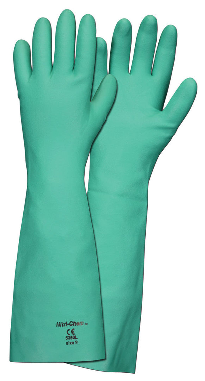 MCR Nitri-Chem™ Unlined Green Nitrile Gloves - Extra-Long 18 Inches in Length - Industrial Grade - 22 mil Thickness - Box of 12