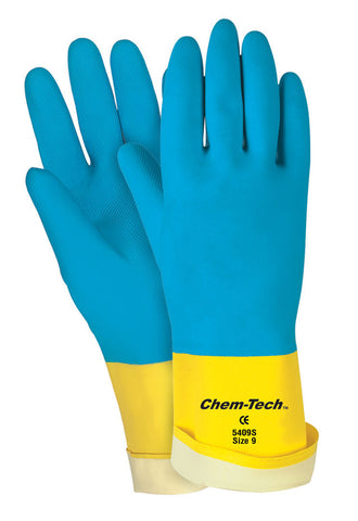 MCR Chem-Tech™ - Neoprene over Latex Gloves - Yellow Flock Lined Latex Dipped in Blue Neoprene - 28 mil Thickness - 12 Inch Length - Box of 12