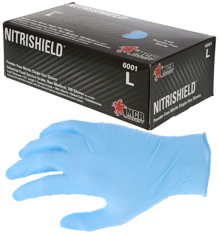 MCR NitriShield™ Gloves - 4 mil (5.5g) Powder Free Disposable Nitrile - Industrial Food Service Grade - Textured Finish - 9.5 Inches Long - Blue - Box of 100