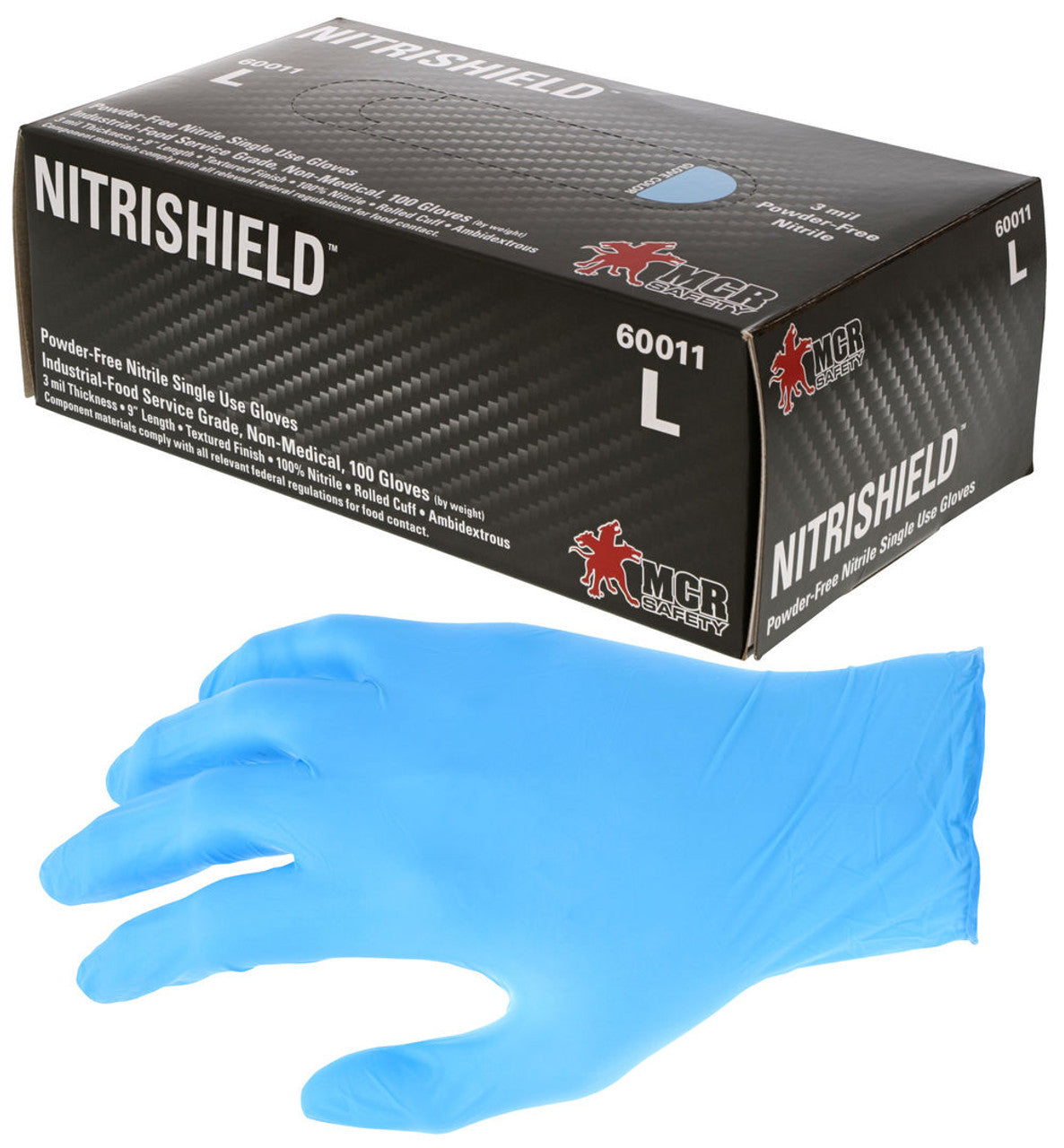 MCR NitriShield™ Gloves - 3 mil (4.27 g) Powder Free Disposable Nitrile - Industrial Food Service Grade - Textured Grip - 9 Inches Long - Blue - Box of 100