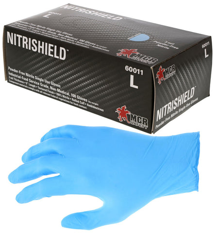 MCR NitriShield™ Gloves - 3 mil (4.27 g) Powder Free Disposable Nitrile - Industrial Food Service Grade - Textured Grip - 9 Inches Long - Blue - Box of 100