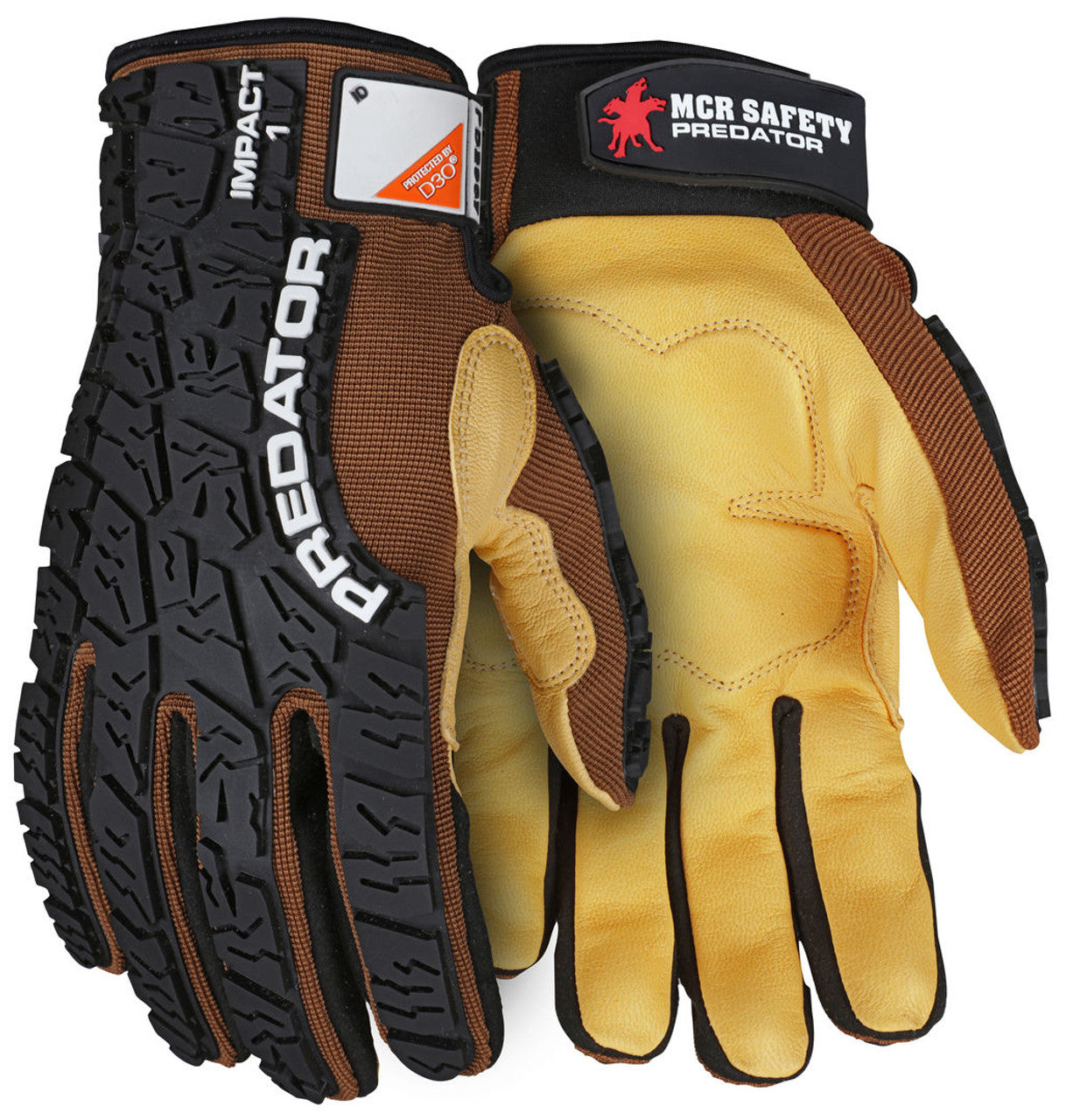 MCR Predator® Mechanics Work Gloves - Impact Resistant Gloves - Premium Honey Gold Goatskin - D3O® Foam Padded Palm - Tire Tread Pattern TPR Back - Box of 12
