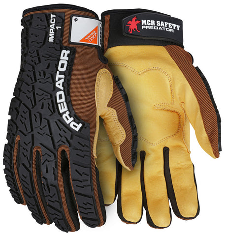 MCR Predator® Mechanics Work Gloves - Impact Resistant Gloves - Premium Honey Gold Goatskin - D3O® Foam Padded Palm - Tire Tread Pattern TPR Back - Box of 12