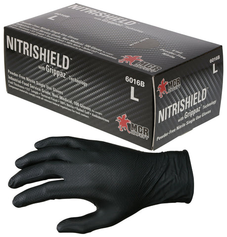 MCR 6 mil (6.3 g) NitriShield™ with Grippaz™ - Powder Free Disposable Nitrile - Industrial Food Service Grade - Textured Grip - 9.5 Inches - Black - Box of 100