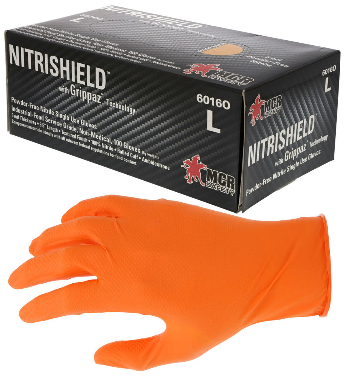 MCR 6 mil (6.2 g) NitrileShield™ with Grippaz™ - Powder Free Disposable Nitrile - Industrial Food Service Grade - Textured Grip - 9.5 Inches - Orange - Box of 100