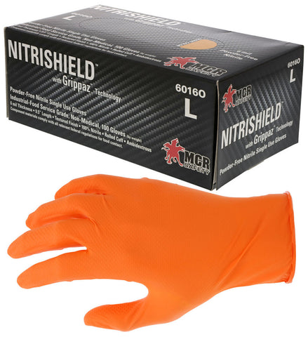 MCR 6 mil (6.2 g) NitrileShield™ with Grippaz™ - Powder Free Disposable Nitrile - Industrial Food Service Grade - Textured Grip - 9.5 Inches - Orange - Box of 100
