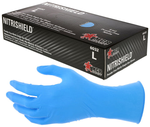 MCR NitriShield™ Gloves - 8 mil (9.3 g) Powder Free Disposable Nitrile - Industrial Food Service Grade - Textured Finish - 12 Inches Long - Blue - Box of 50