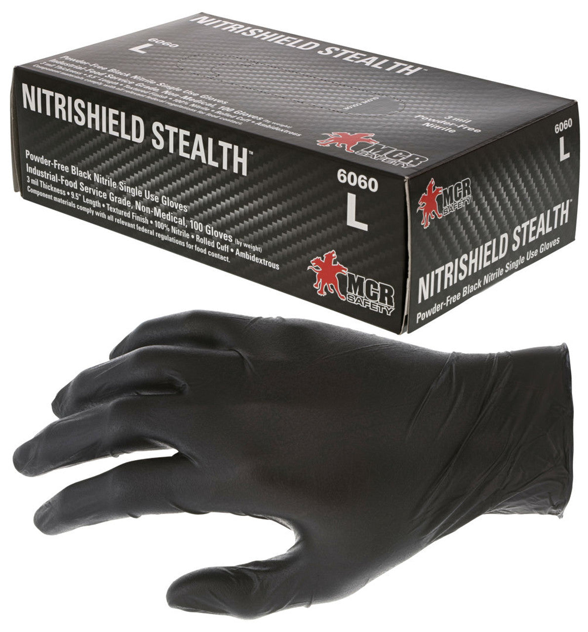 MCR NitriShield™ Gloves - 3 mil (4.62 g) Powder Free Disposable Nitrile - Industrial Food Service Grade - Textured Finish - 9.5 Inches - Black - Box of 100