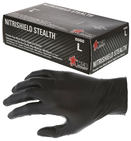 MCR NitriShield™ Gloves - 3 mil (4.62 g) Powder Free Disposable Nitrile - Industrial Food Service Grade - Textured Finish - 9.5 Inches - Black - Box of 100