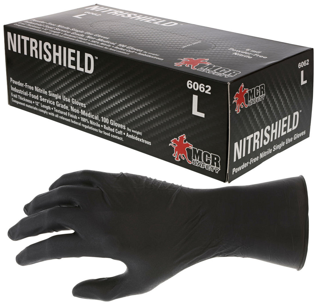 MCR NitriShield™ Gloves - 6 mil (8.0 g) Powder Free Disposable Nitrile - Industrial Food Service Grade - Textured Grip - 12 Inch Length - Black - Box of 100