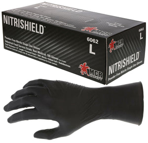 MCR NitriShield™ Gloves - 6 mil (8.0 g) Powder Free Disposable Nitrile - Industrial Food Service Grade - Textured Grip - 12 Inch Length - Black - Box of 100
