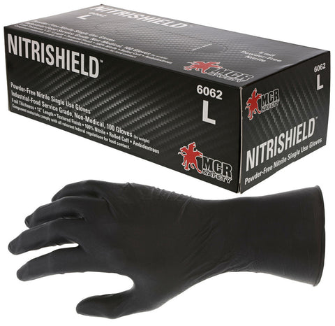 MCR NitriShield™ Gloves - 6 mil (8.0 g) Powder Free Disposable Nitrile - Industrial Food Service Grade - Textured Grip - 12 Inch Length - Black - Box of 100