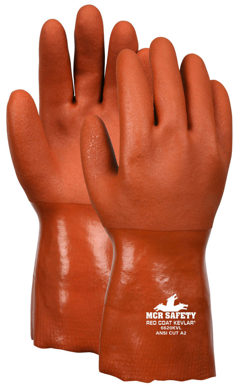 MCR Red Coat® with Kevlar® - Flexible PVC Coated Work Gloves - Double Dipped with Sandy Red PVC - Kevlar®/Cotton Plaited Liner - 12 Inch Length - Box of 12