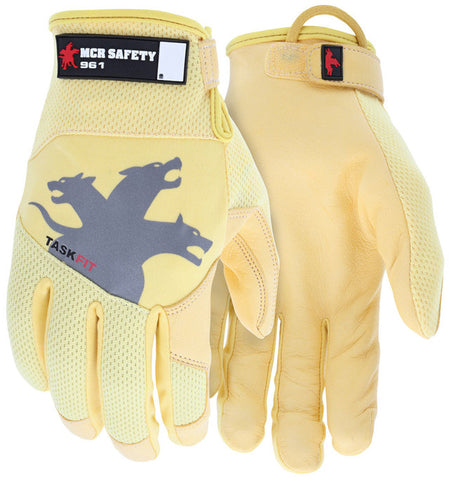 MCR Safety Mechanics Gloves with TaskFit™ Design - Gold Goat Grain Leather Palm - Nylon Spandex Back - Adjustable Hook and Loop Wrist Closure - Box of 12