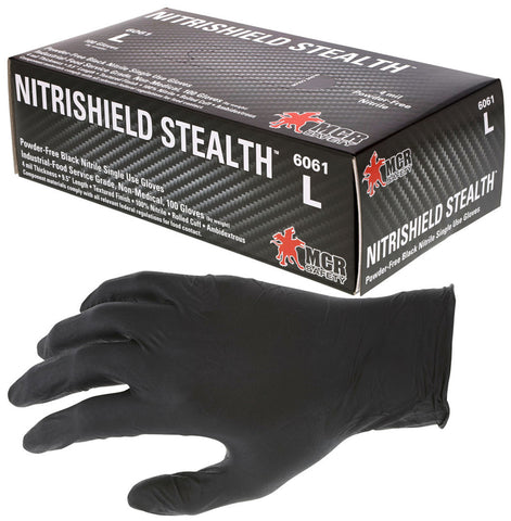 MCR NitriShield™ Stealth™ Gloves - 4 mil (4.5 g) Powder Free Disposable Nitrile - Industrial Food Service Grade - Textured Grip - 9.5 Inches - Black - Box of 100