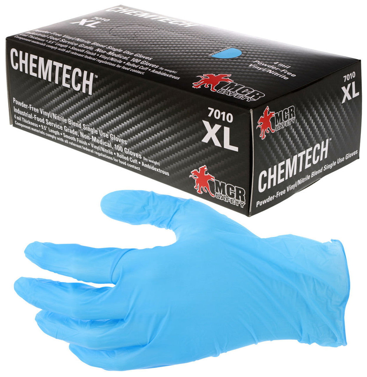 MCR 4 mil (4.4 g) ChemTech™ Gloves - Powder Free Disposable Nitrile/Vinyl - Industrial Food Service Grade - Smooth Finish - 9.5 Inches Long -Blue - Box of 100