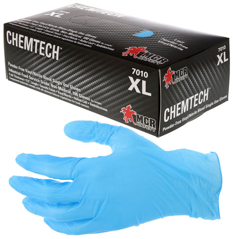 MCR 4 mil (4.4 g) ChemTech™ Gloves - Powder Free Disposable Nitrile/Vinyl - Industrial Food Service Grade - Smooth Finish - 9.5 Inches Long -Blue - Box of 100