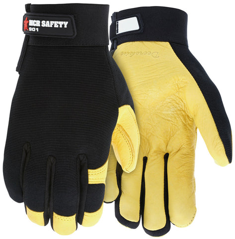 MCR Safety Mechanics Gloves - Supple Grain Deerskin Palm - Adjustable Hook and Loop Wrist Closures - Flexible and Breathable Spandex Back