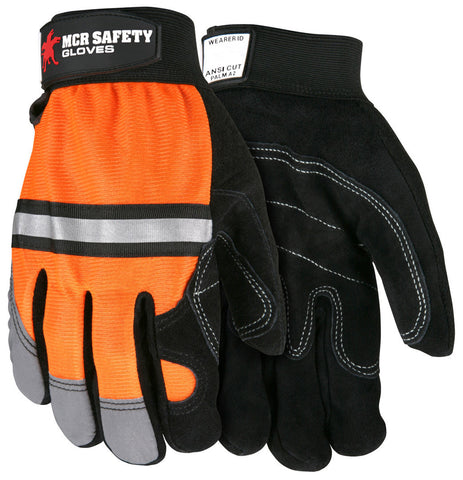 MCR Safety Mechanics Gloves - Reinforced Double Palm - Hi-Visibility Back - Reflective Knuckle Stripe and Fingertips - Rugged Double Stitched Double Palm