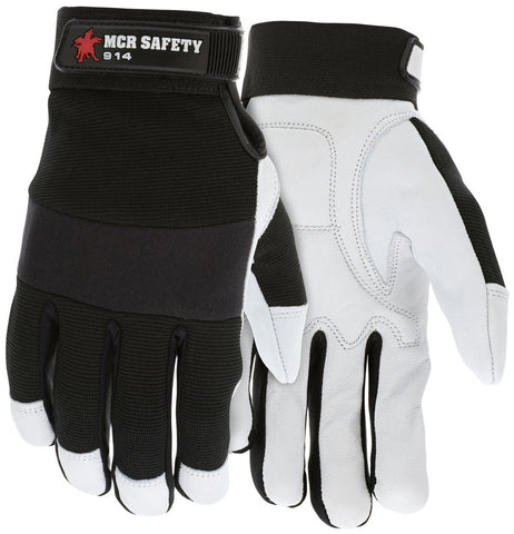 MCR Safety Mechanics Gloves - Premium Grain Goatskin - Padded Palm - Neoprene Knuckle Strap - Spandex Back with Adjustable Hook and Loop Wrist Closures
