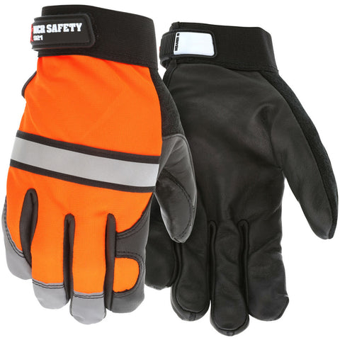 MCR Luminator® Series - MCR Safety Mechanics Gloves - Premium Grain Cow Palm - Hi-Visibility Back - Reflective Knuckle Stripe and Fingertips - Black Grain Leather Palm Hides Dirt