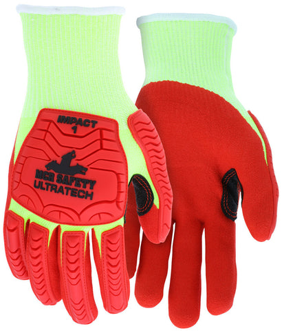 MCR Safety UltraTech® Mechanics Gloves - CutPro® UltraTech® - 13 Gauge Lime HyperMax® HPPE Shell - Red Sandy Nitrile Foam Coated Palm - Box of 12