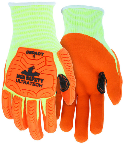 MCR Safety UltraTech® Mechanics Gloves - Cut Pro® UltraTech® - 13 Gauge Lime HyperMax® HPPE Shell - Orange Sandy Nitrile Foam Palm Coating - Box of 12