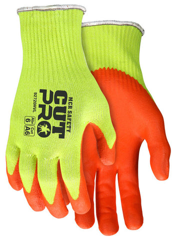 MCR Safety CutPro® - 10 Gauge HyperMax® HPPE Shell - Cut, Abrasion and Puncture Resistant Work Gloves - Nitrile Foam Coated Palm and Fingertips - Hi-Visibility Lime Shell with Contrasting Hi-Vis Orange Nitrile Coated Palm - Box of 12