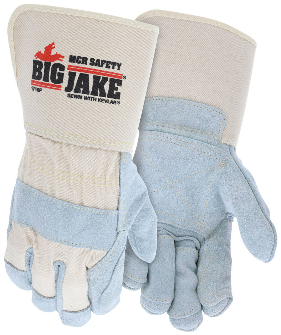 MCR Big Jake® Series Double Leather Palm and Fingers - Premium A+ Grade Split Side Leather Palm - 4.5 Inch Rubberized Safety Cuff - Box of 12