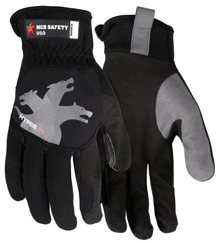 MCR Safety HyperFit® - Black Mechanics Work Gloves - Synthetic Leather Palm - Reflective Logo on Back - Super Stretch Knuckle Fabric - Box of 12