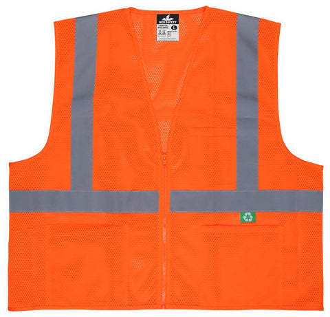 MCR Hi-Vis Reflective Orange Safety Vest - Manufactured with Recycled Materials - Meets ANSI/ISEA 107 2020 Standard - Type R Class 2 Compliant