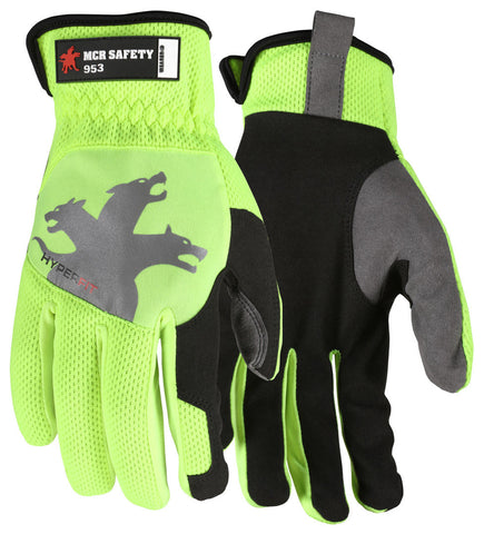 MCR Safety HyperFit® - Hi-Vis Lime Mechanics Work Gloves - Synthetic Leather Palm - Reflective Logo on Back - Box of 12