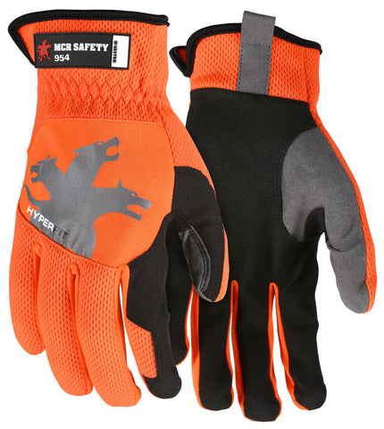 MCR Safety HyperFit® - Hi-Vis Orange Mechanics Work Gloves - Synthetic Leather Palm - Reflective Logo on Back - Box of 12
