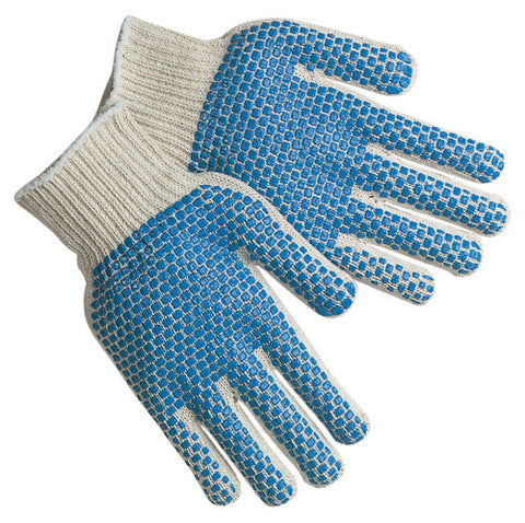 MCR Cotton String Knit Work Gloves - 7 Gauge Regular Weight String Knit - Natural Cotton Polyester Blend - Blue PVC Blocks on Both Sides - PVC Blocks Aid with Grip and Abrasion - Box of 12