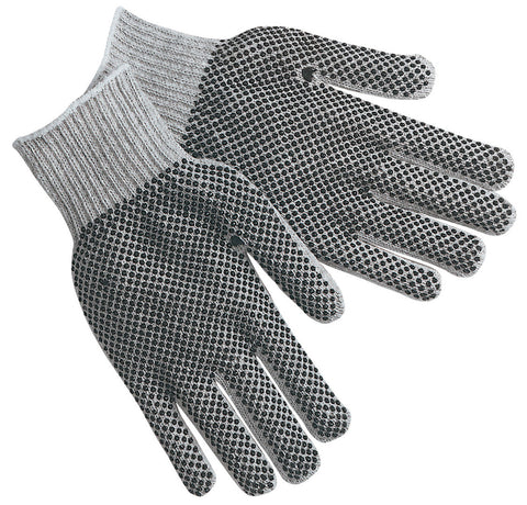 MCR Cotton String Knit Work Gloves - 7 Gauge Regular Weight String Knit - Gray 70% Cotton 30% Polyester Fabric - Black PVC Dotted on Both Sides - Box of 12